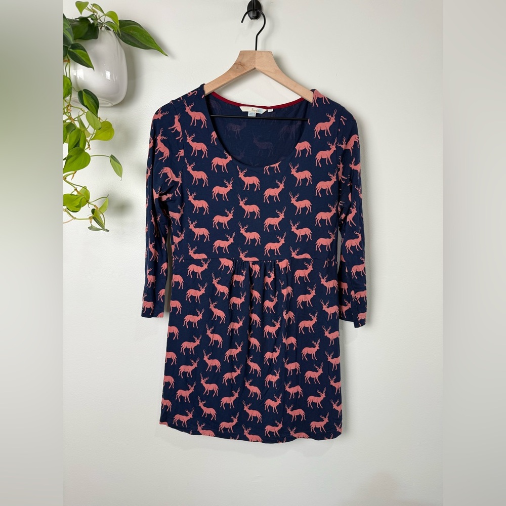 Boden Deer Print Tunic Dress US 12R Navy Pink Long Sleeve Empire Waist Casual